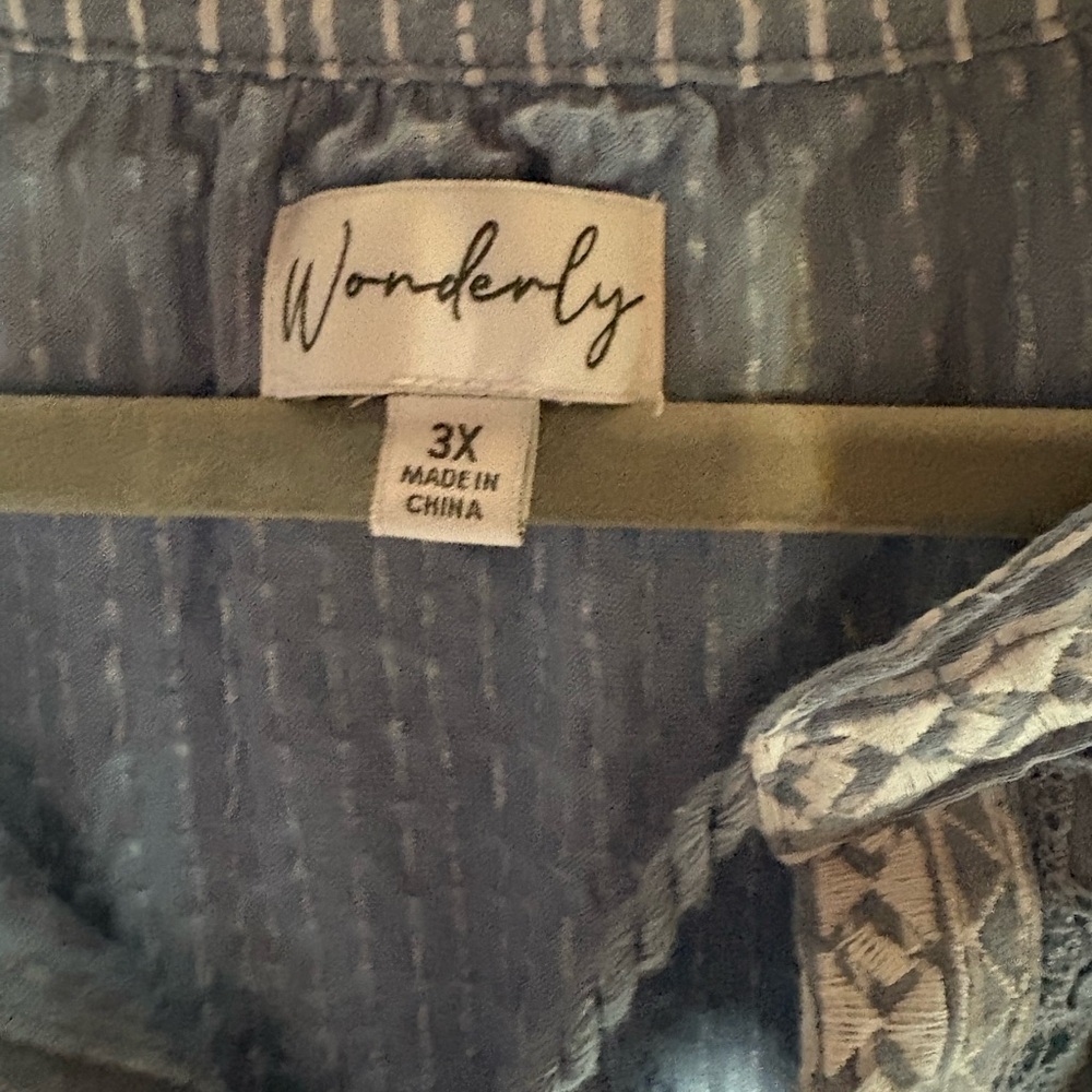 Wonderly Blue and White Swing Top with Bell Sleeves Split Neck and Tassel Ties - Picture 6 of 6